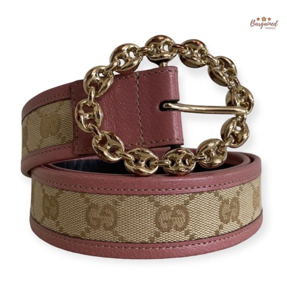 Authentic Gucci Pink Monogram Canvas Leather Gold Chain Buckle Belt Size 80/32 - Picture 1 of 14